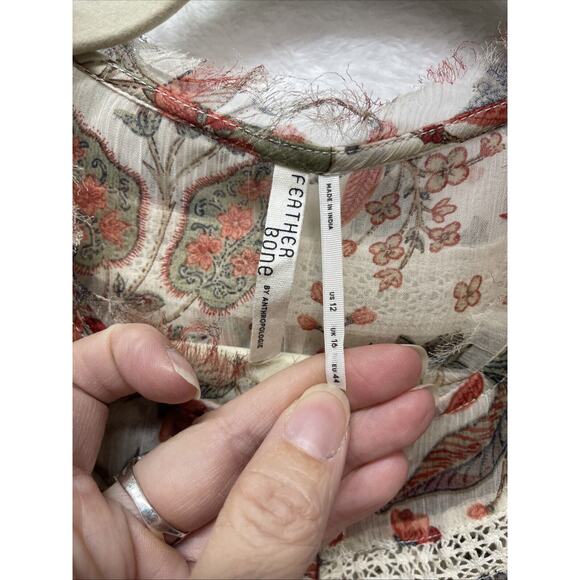 Feather Bone Anthropologie Sheer Boho Peasant Top Orange Olive Green Fall Sz 12 - Picture 9 of 11